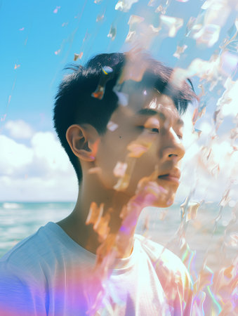 Double exposure of young asian man and flying confetti on the beachの素材