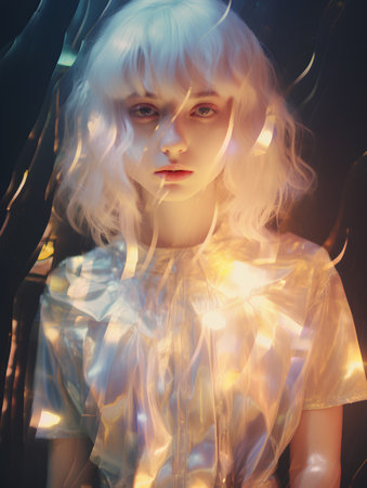 Portrait of a beautiful girl with white hair and blue eyes. Fashion shot.の素材