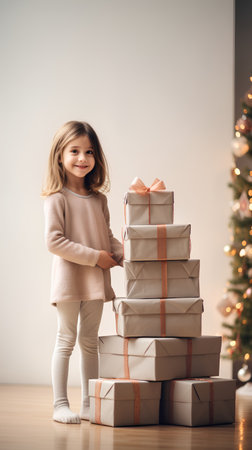 Adorable little girl holding pile of Christmas presents in front of christmas treeの素材