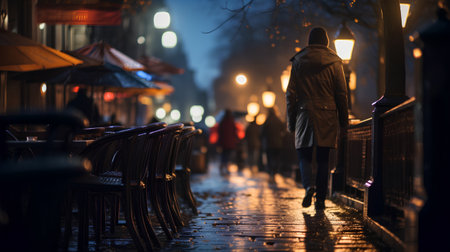 Walking in the rain on a rainy night in Paris, Franceの素材
