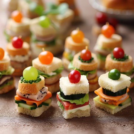 Variety of mini canapes on brown background. Canapes with meat, vegetables and cheese.の素材