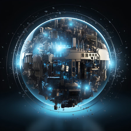 Futuristic city with glowing lights. 3D rendering toned image double exposureの素材