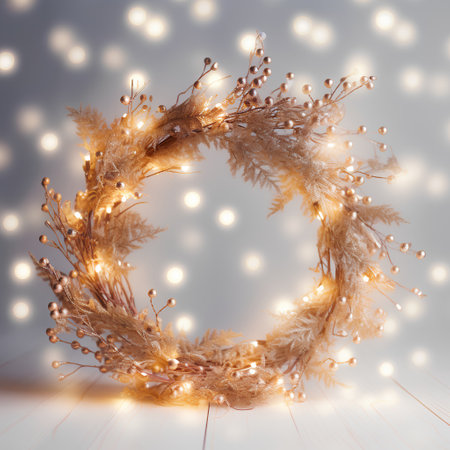 Christmas wreath with garland lights on bokeh background.の素材