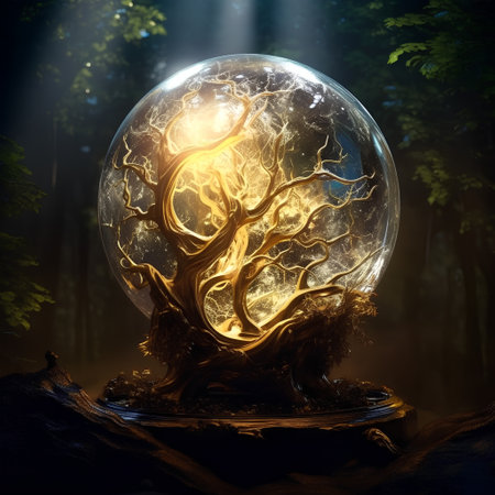 Glowing crystal ball with tree in the forest, 3d renderの素材