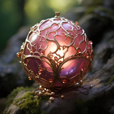 Christmas decoration - red glass ball on mossy rock with bokeh backgroundの素材