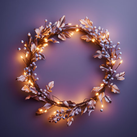 Christmas wreath with garland lights on purple background. 3d illustration.の素材
