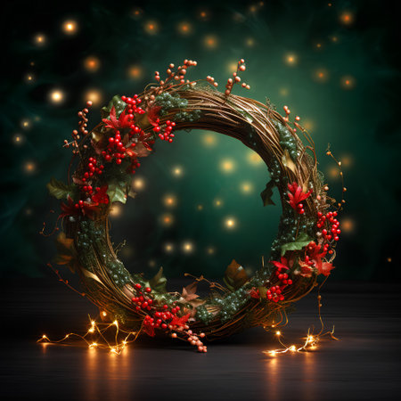 Christmas wreath with lights and berries on dark background, 3d renderの素材