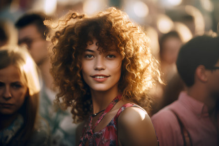 Portrait of a beautiful young woman with curly hair in front of the crowdの素材
