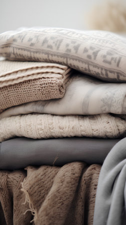 Stack of warm knitted sweaters on a light background. Close-up.の素材