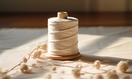 spool of thread and cotton twine on a white tableclothの素材