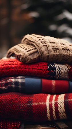 Stack of warm knitted plaids on wooden background. Winter clothes.の素材
