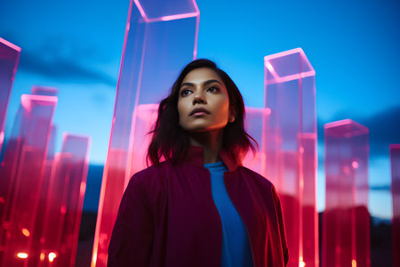Fashion portrait of a beautiful young brunette woman on the background of the city.の素材