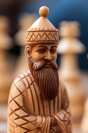 Wooden figure of a man with a beard and mustache on a chessboard.の素材