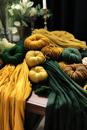 Variety of colorful yarns for knitting on wooden table in workshopの素材