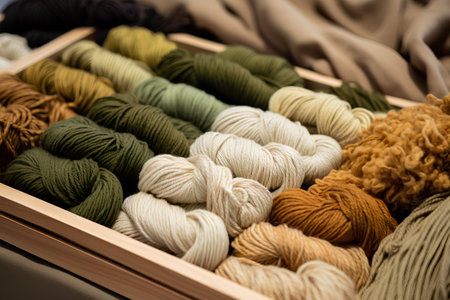 Multicolored skeins of yarn in a wooden box. Selective focus. Toned.の素材
