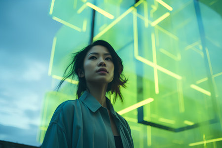 Asian business woman standing in front of office building with neon lights.の素材