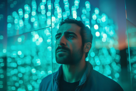 Portrait of a young man in a dark room with neon lightsの素材