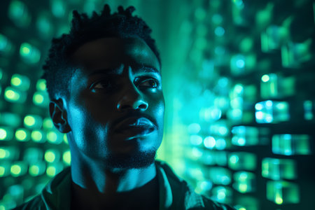Portrait of a young african american man in neon lightの素材