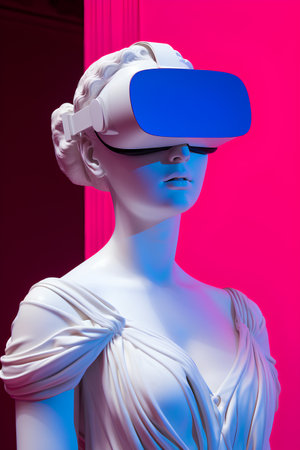 3d rendering of a female figure wearing virtual reality glasses with a pink backgroundの素材