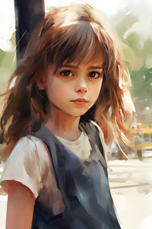 Portrait of a little girl in the city. Digital painting.の素材