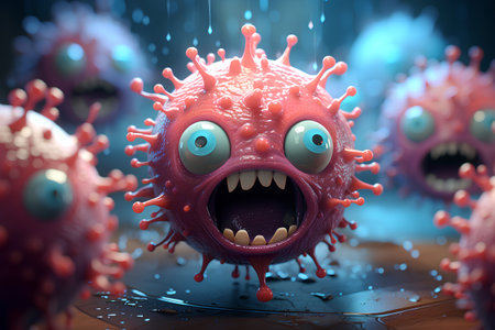 3D illustration of a corona virus with eyes and mouth.の素材