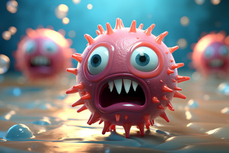 3d illustration of a virus with a scared face, 3d renderingの素材