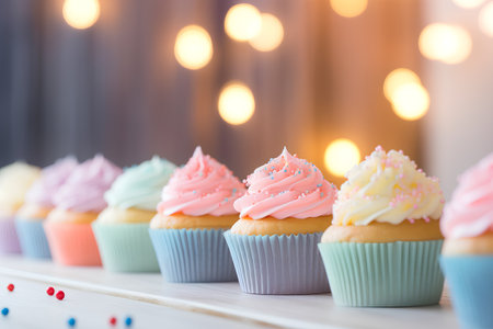 Cupcakes with pink buttercream frosting and colorful sprinklesの素材