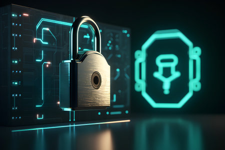 Cyber security concept. 3d illustration. Lock icon on dark backgroundの素材
