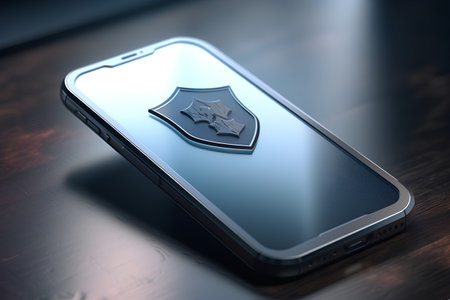 Smartphone with police badge on the screen. 3D illustration.の素材