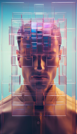 Double exposure portrait of young man with abstract digital interface. Futuristic concept.の素材