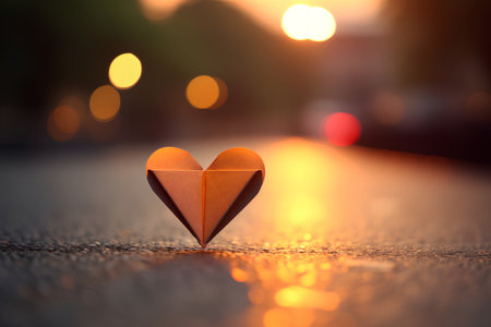 Paper origami heart on the road with bokeh background.の素材