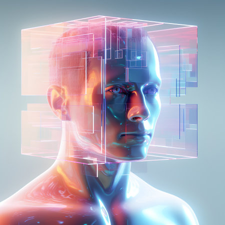 3d rendering of a man with a hologram on his headの素材