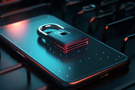 Padlock on smartphone screen. Cyber security concept. 3D renderingの素材