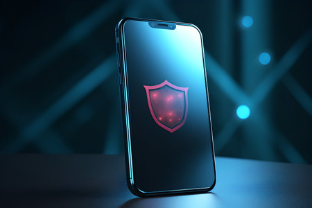 Smartphone with antivirus shield on the screen. 3d renderingの素材