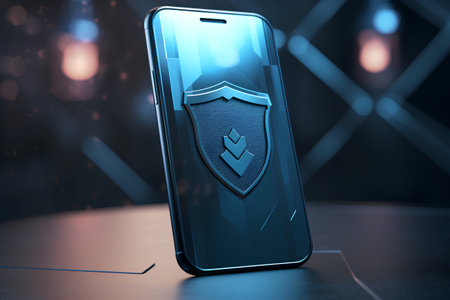 Smartphone with shield on the screen. 3d illustration. Blurred background.の素材