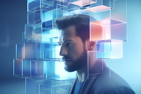 Portrait of a handsome young man with a beard in a gray suit standing in front of a transparent wall with cubes. Toned image double exposureの素材
