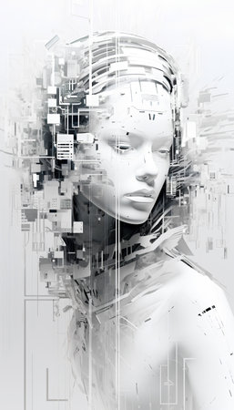 3d rendering of a female robot head with abstract digital background.の素材