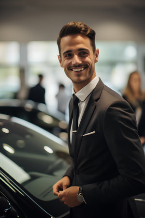 Handsome young man in suit standing in auto showroom and smiling.の素材