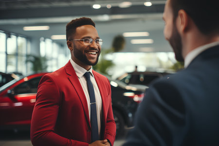 Handsome Afro-American man in a red suit and glasses is talking with a salesman in a car dealership.の素材