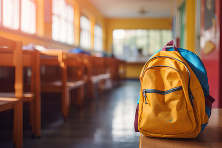 Backpack in the classroom. Back to school. Education concept.の素材