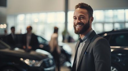 Handsome bearded man in suit is looking at camera and smiling while standing in auto showroomの素材