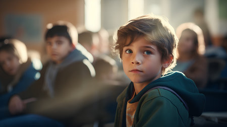 Portrait of a boy sitting in a classroom at school. Selective focus.の素材