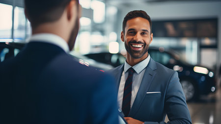 Salesman in car dealership. Young man in suit and tie is talking with salesman and smiling.の素材