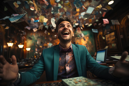 Portrait of a young man in a pub. He is happy and laughing.の素材