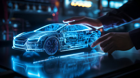 Car model hologram in the hands of a man. 3d renderingの素材