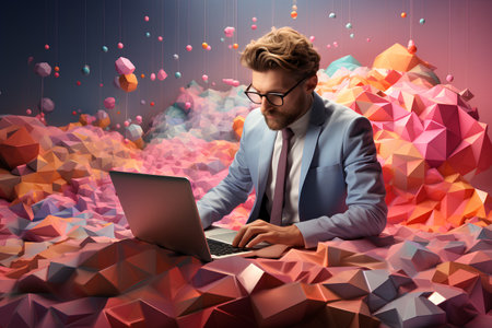 Businessman working on a laptop with abstract colorful background. 3D Renderingの素材
