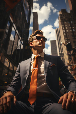 Young businessman sitting on a bench in New York City, wearing a suit and sunglasses.の素材