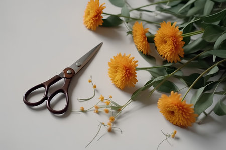 Scissors and a bouquet of yellow flowers on a white backgroundの素材