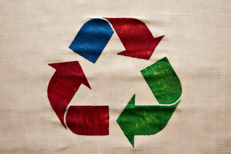 Recycling symbol made of colored ribbons on linen canvas backgroundの素材