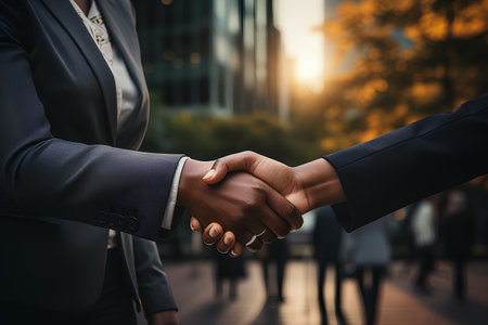 Close up of business people shaking hands with each other in the cityの素材